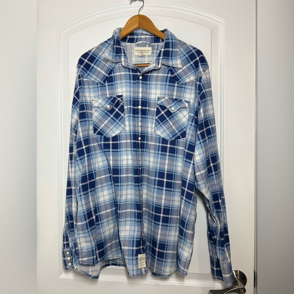 Ralph Lauren Denim Supply Blue White Plaid Pearl Snap Buttons Flannel size XXL